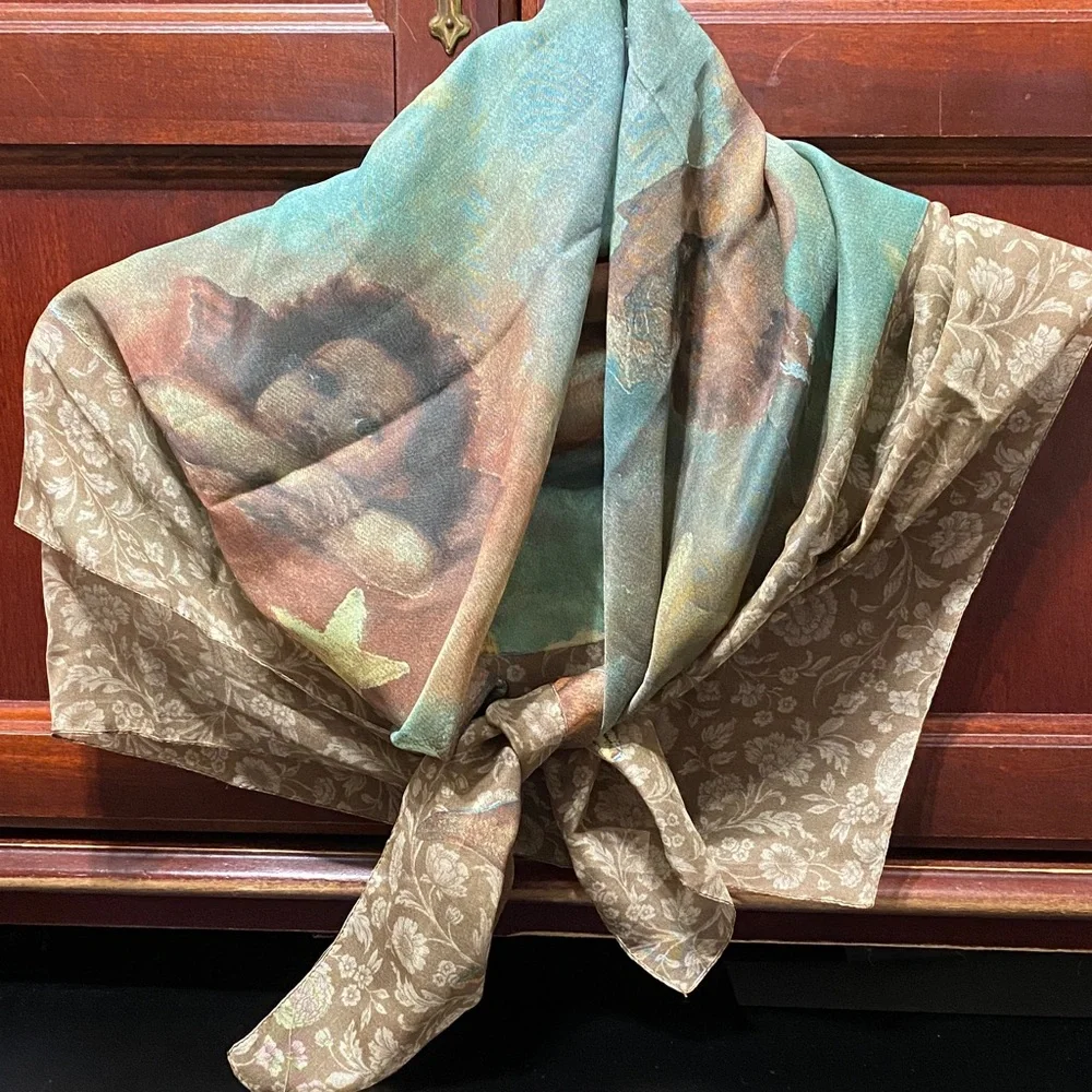 Betmar Vintage Artistic blue beige cherub sheer Scarf - Picture 1 of 16